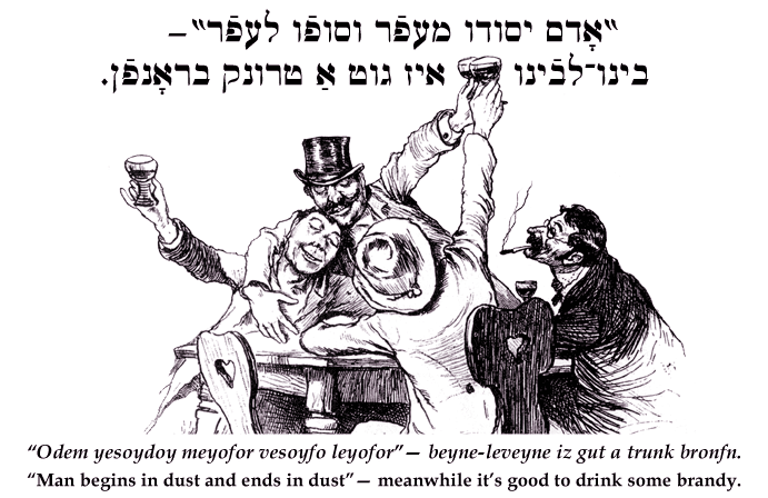 Yiddish: 'Man begins in dust and ends in dust'— meanwhile it's good to drink some brandy.