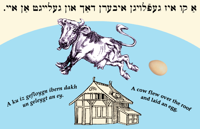 Yiddish: A cow flew over the roof and laid an egg.