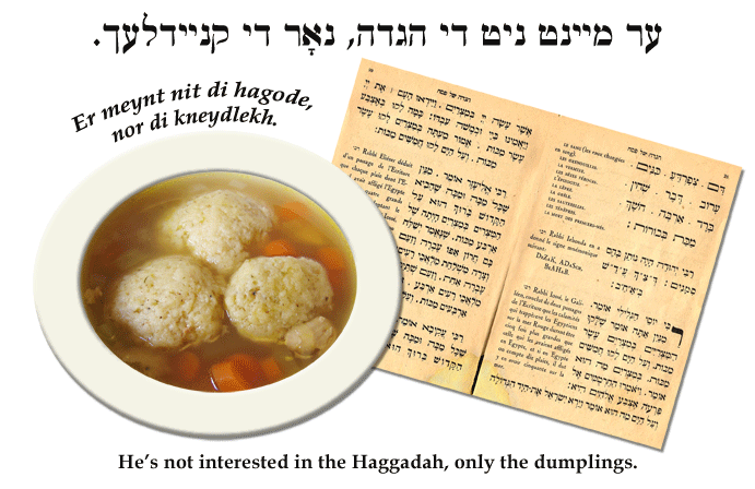 Yiddish: He's not interested in the Haggadah but in the dumplings.