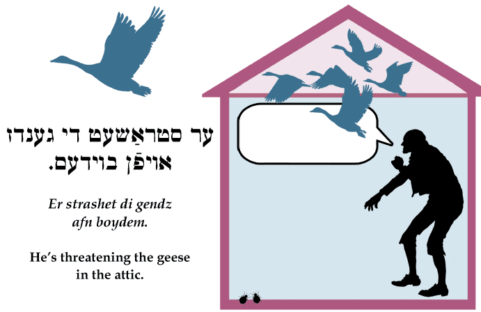 Yiddish: He's threatening the geese in the attic.